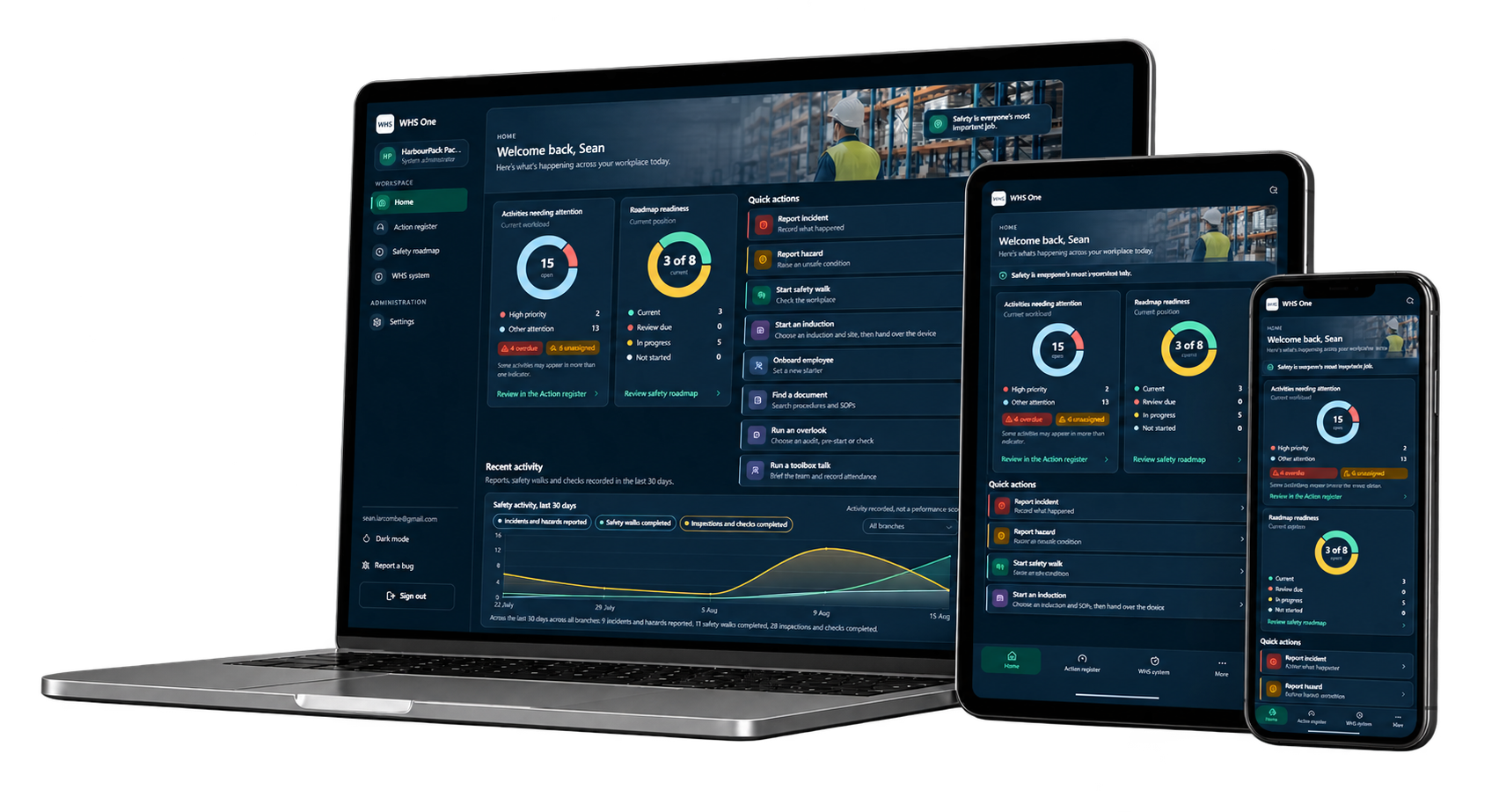 WHS One interface shown across desktop, tablet and phone.