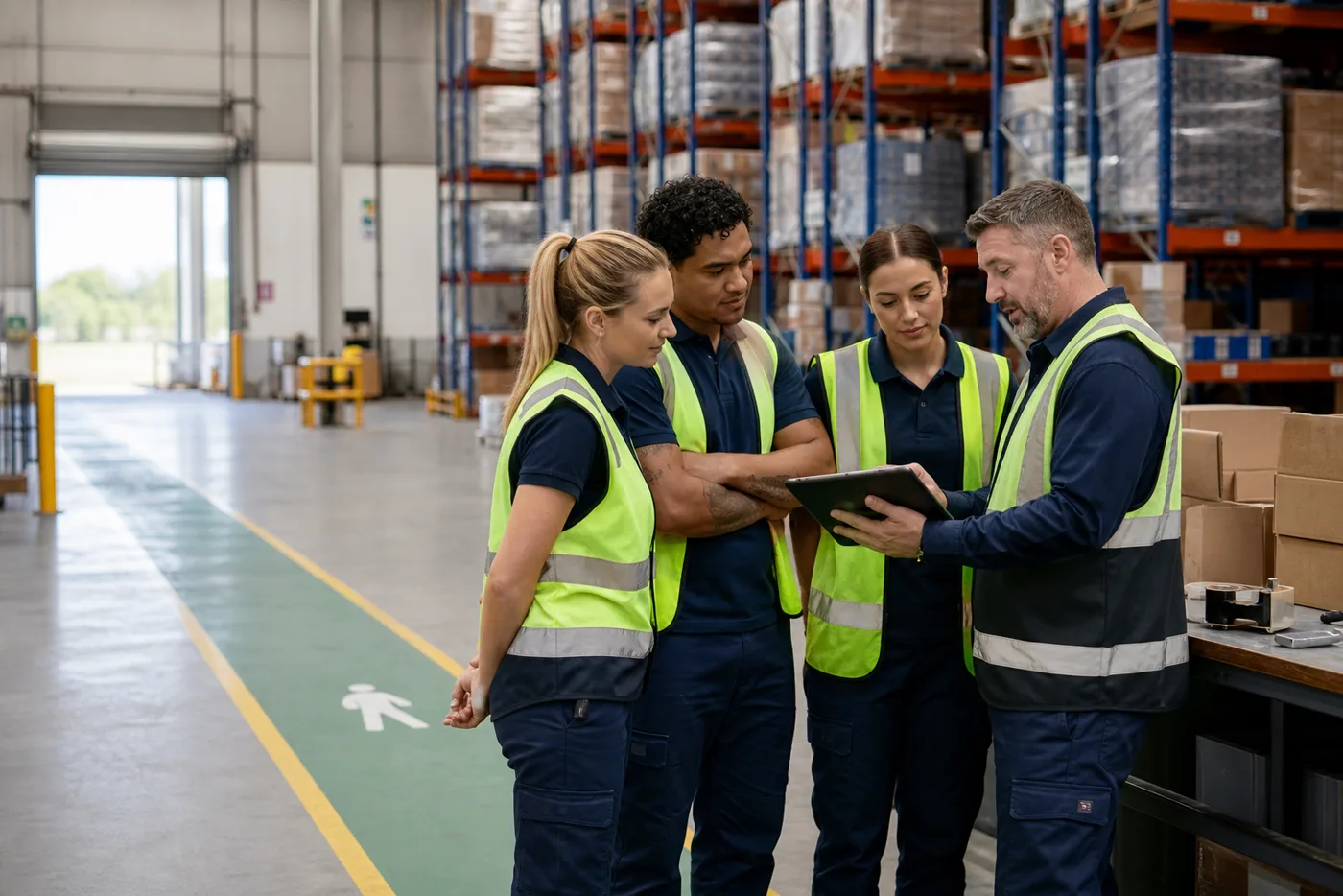 A supervisor in a hi-vis vest runs a safety induction for three warehouse workers using a tablet on the warehouse floor