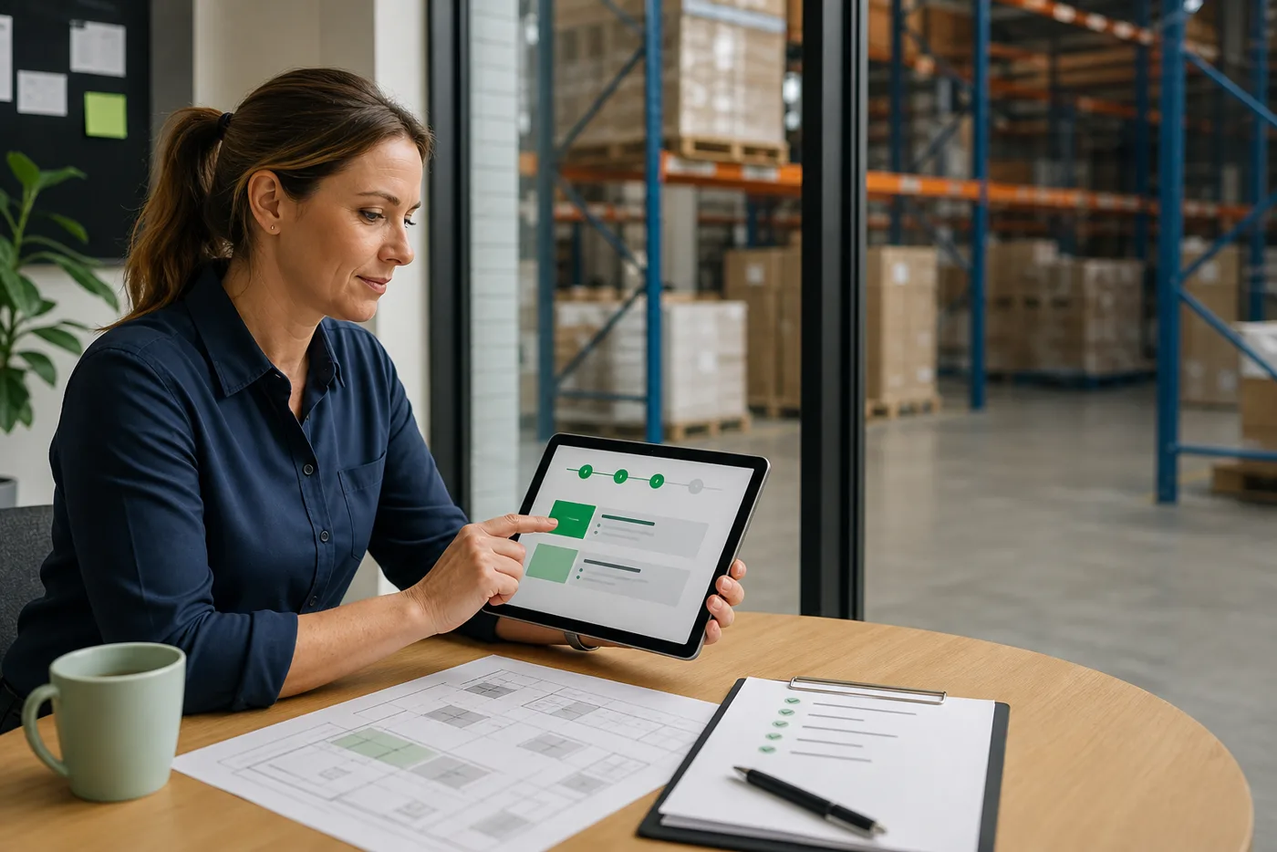 A manager works through a guided WHS setup roadmap on a tablet at a table, with the warehouse floor visible behind her