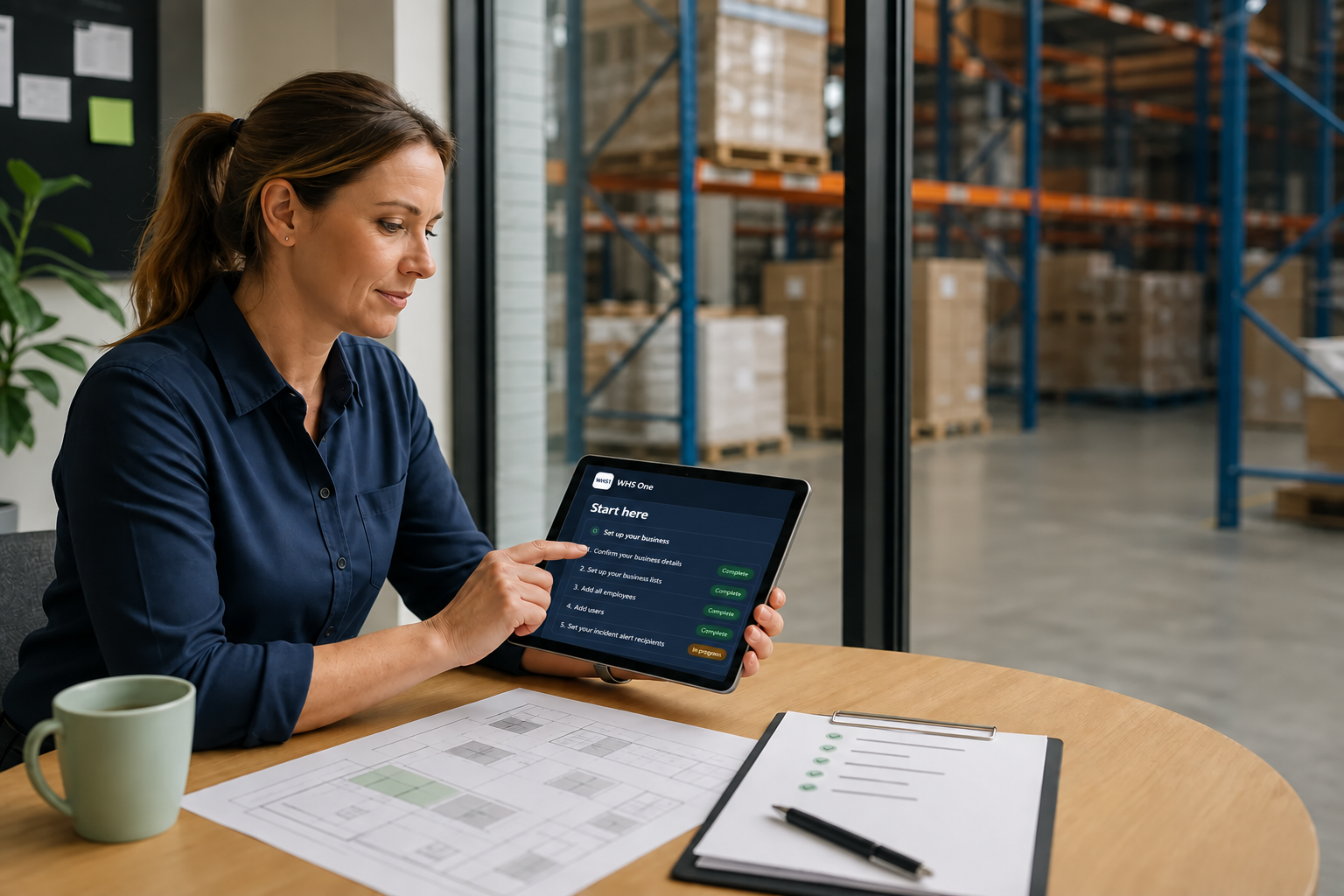 A warehouse manager viewing the WHS One Start Here business setup guide on a tablet