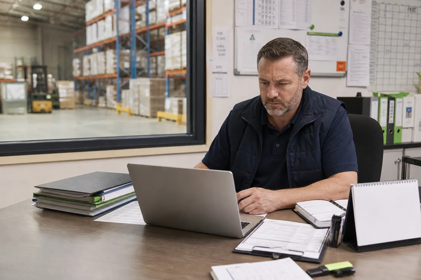 An operations manager works at a laptop in a warehouse office, surrounded by stacked lever arch folders, printed forms and wall charts of safety records