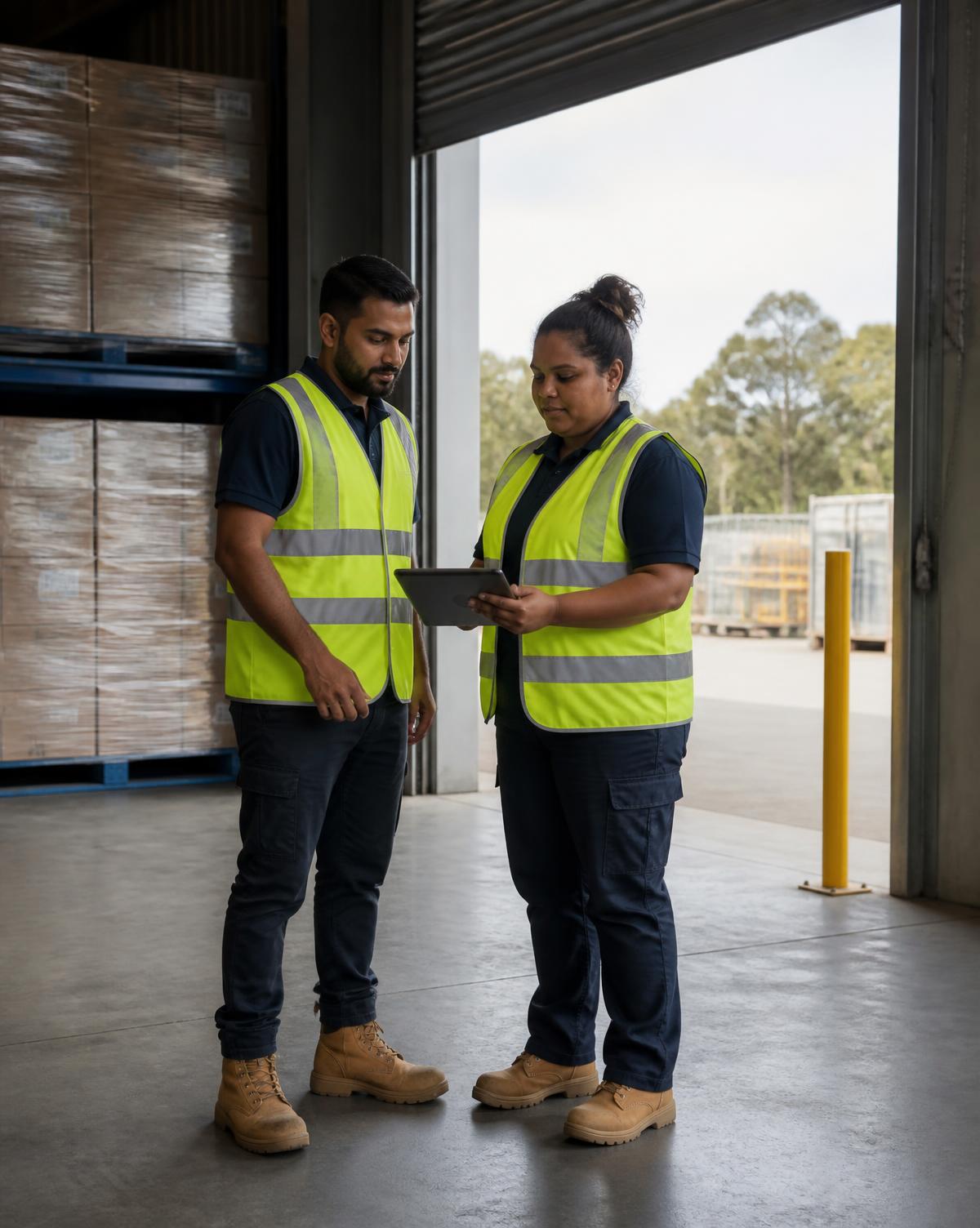 Two warehouse team members in hi-vis vests review a safety observation together on a tablet at a loading dock