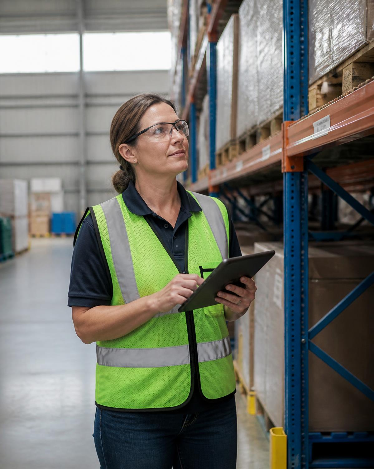 A warehouse supervisor in a hi-vis vest completes a safety checklist on a tablet beside pallet racking