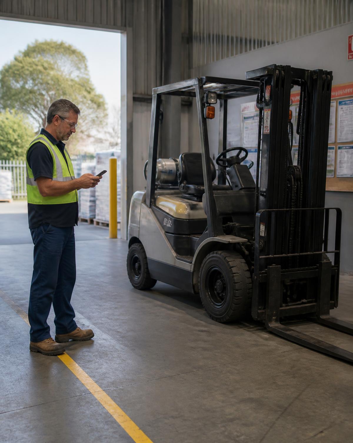 A warehouse worker completes a forklift pre-start inspection on a phone while standing safely beside a parked forklift